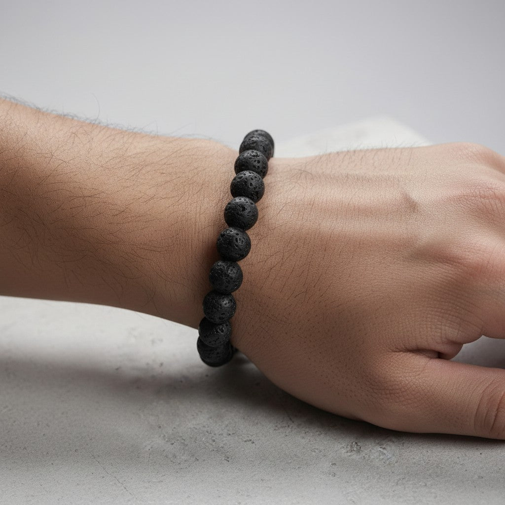 JewelOn black 8mm lava stone beaded bracelet for men and women, elastic band, natural porous texture.