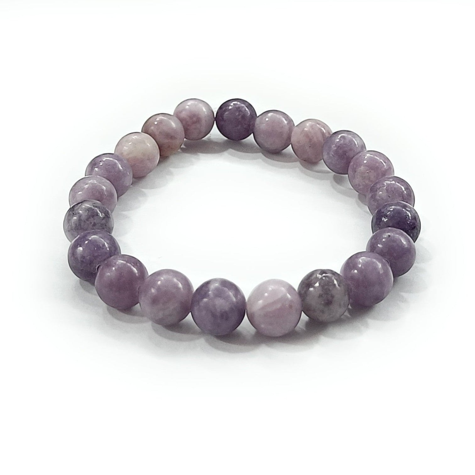 JewelOn 8mm lepidolite crystal bracelet with smooth, polished lilac and lavender beads on an elastic band.