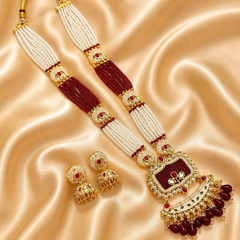 JewelOn maroon gold plated meenakari necklace set with matching jhumka earrings, featuring intricate enamel work and pearl beads.