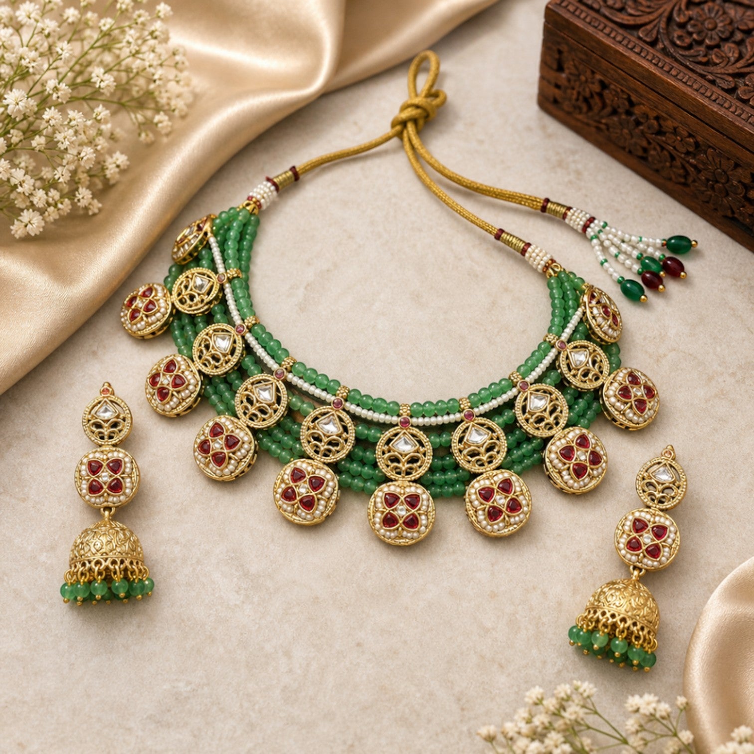 JewelOn mint green Monzonite Kundan pearl choker necklace set with matching jhumka earrings. Intricate gold-tone metalwork with red and white stones.