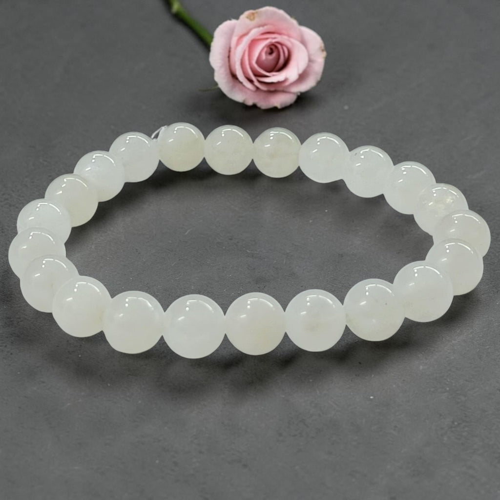 JewelOn white 8mm moonstone crystal beaded bracelet for men and women, elastic cord, natural shimmer