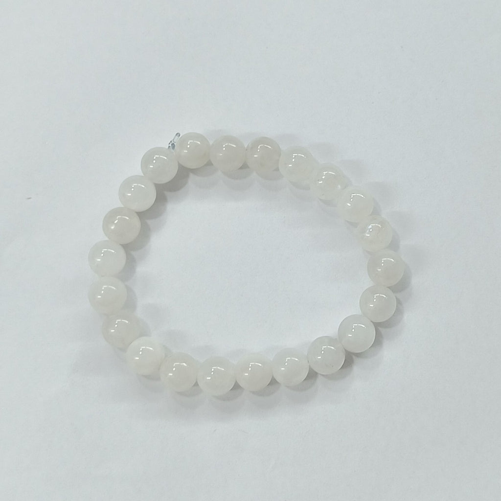 JewelOn white 8mm moonstone crystal beaded bracelet for men and women, strung on elastic cord.