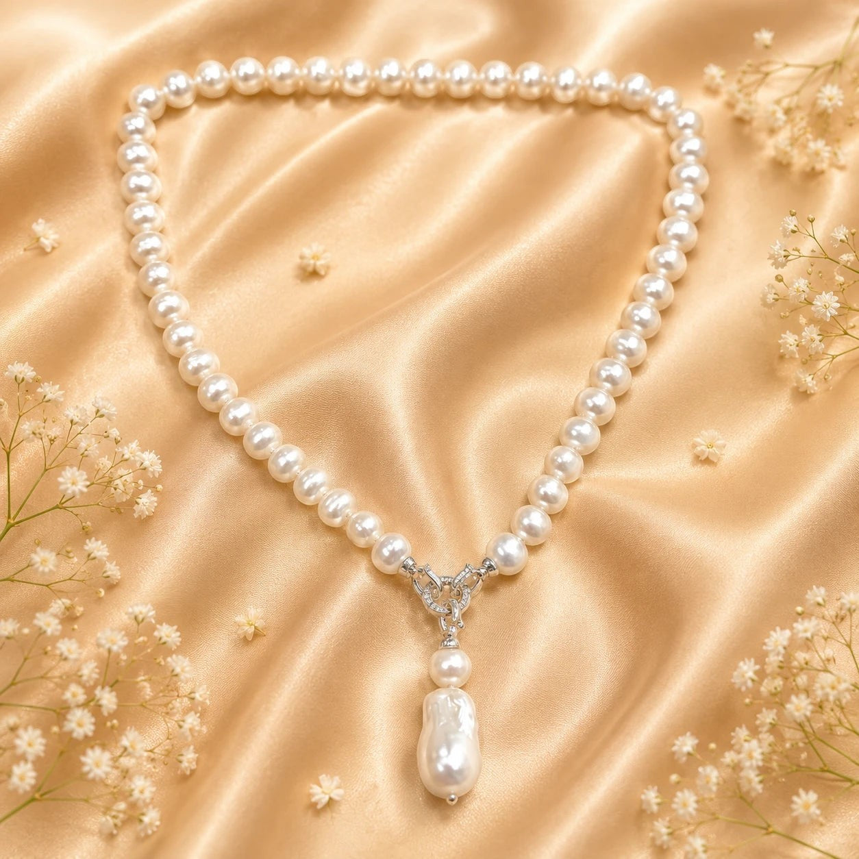 JewelOn white faux pearl beaded necklace with a baroque pearl pendant on a gold satin background.