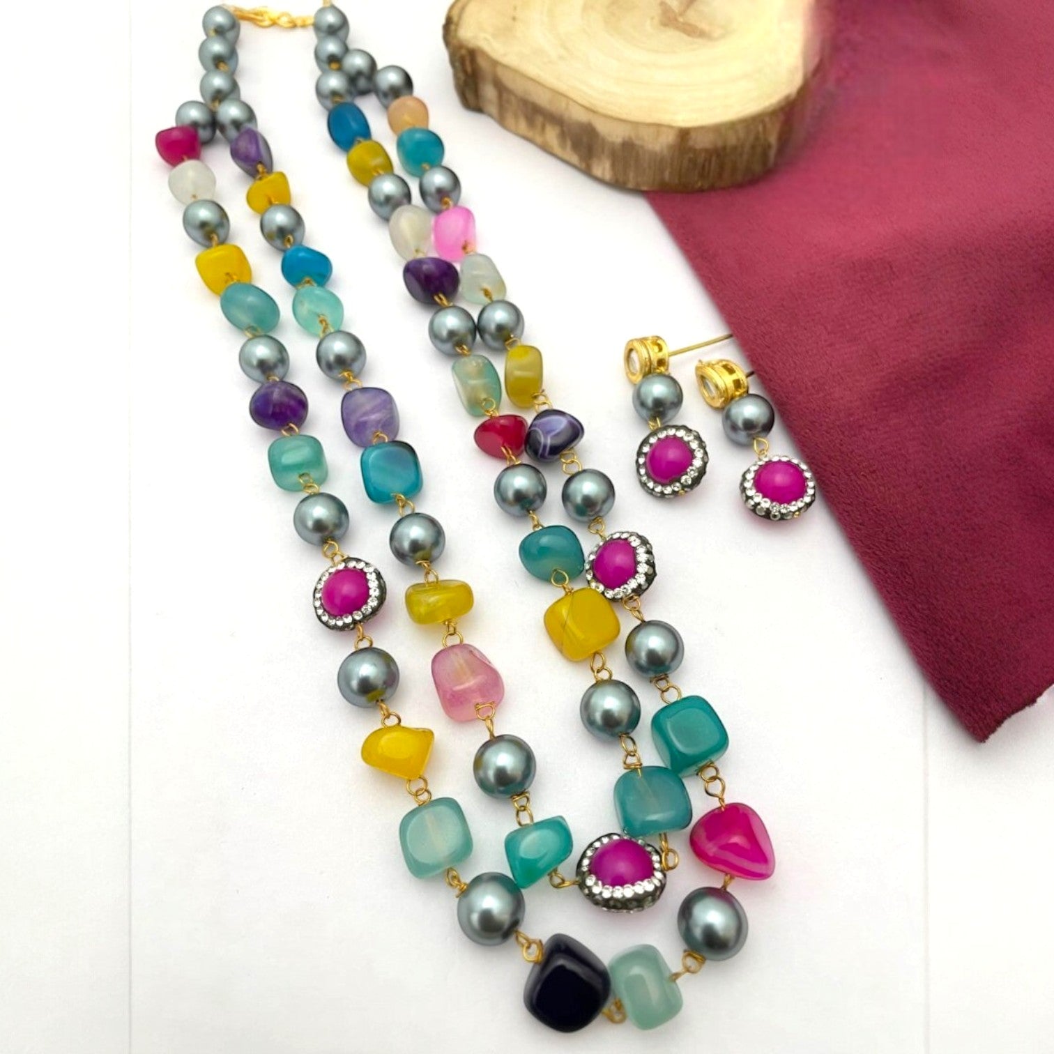 JewelOn multicolour semiprecious stone mala necklace and earrings set with grey pearls and pink accents.
