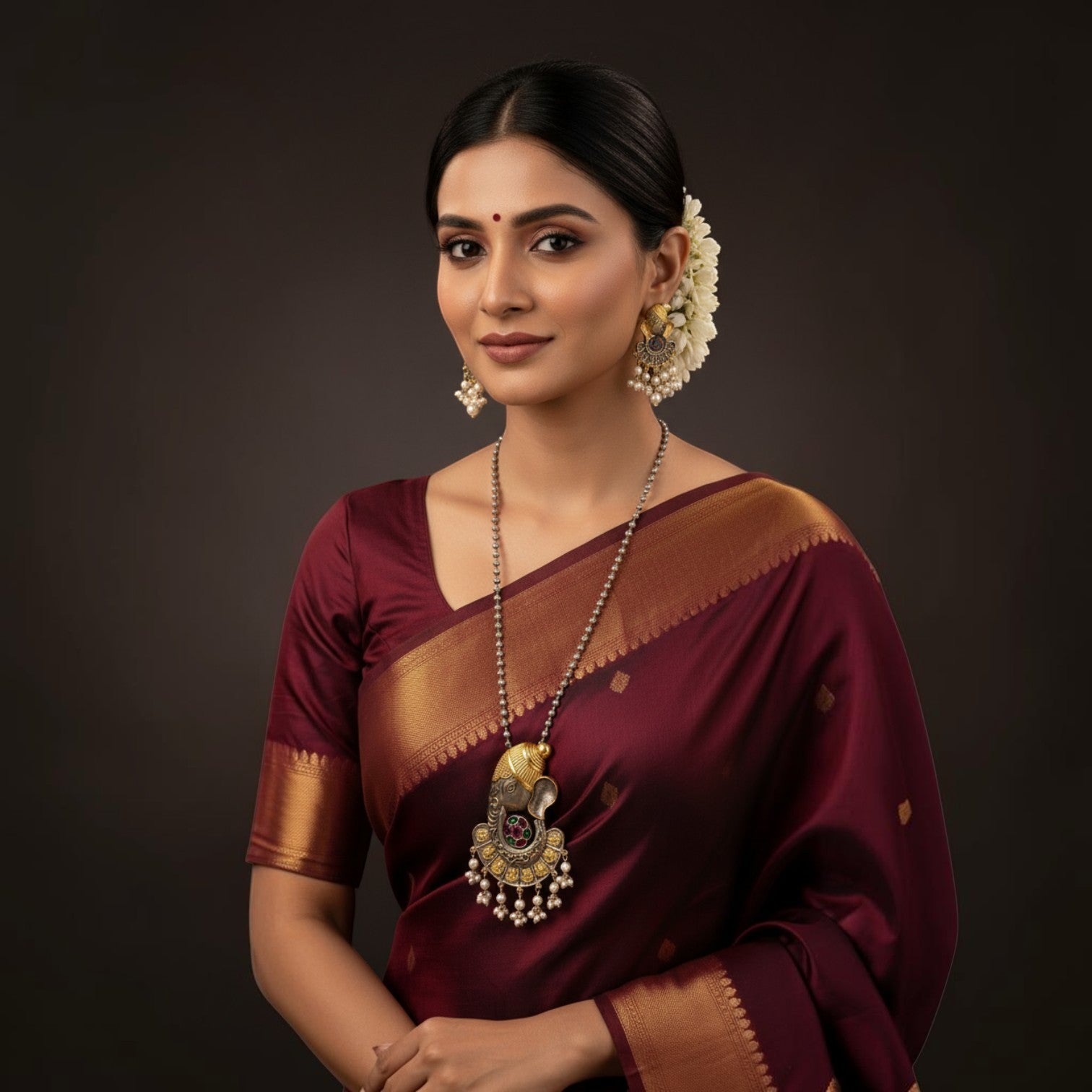 JewelOn dual tone oxidised Ganpati pendant necklace set with maroon and green accents, paired with matching earrings.