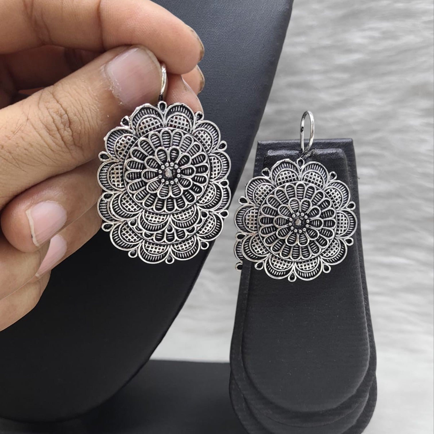JewelOn Glamorous GS Oxidise Earring, intricate floral design, silver-tone metal, dangle style.