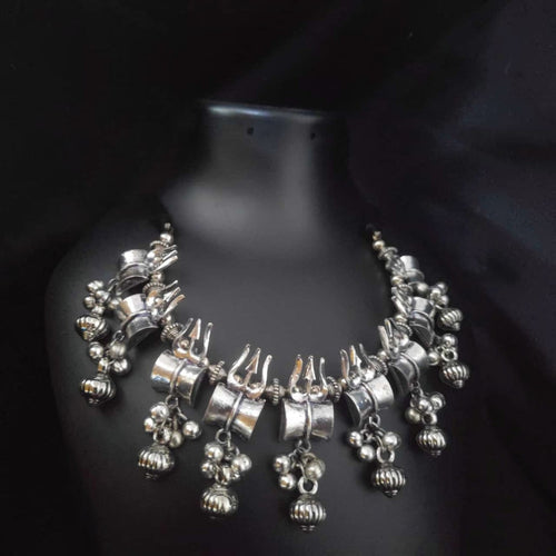 JewelOn lustrous finish oxidised trishul necklace with dangling ghungroos and beads. Traditional Indian jewellery.