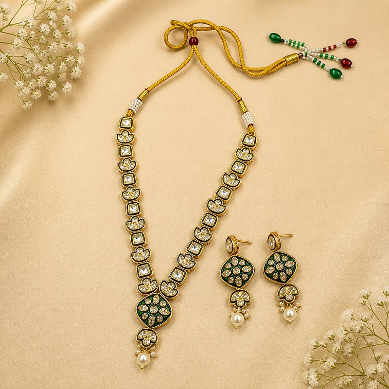 JewelOn Rangmahal necklace set with Polki diamonds and green Meena enamel work, featuring pearl drops. Gold-toned alloy.