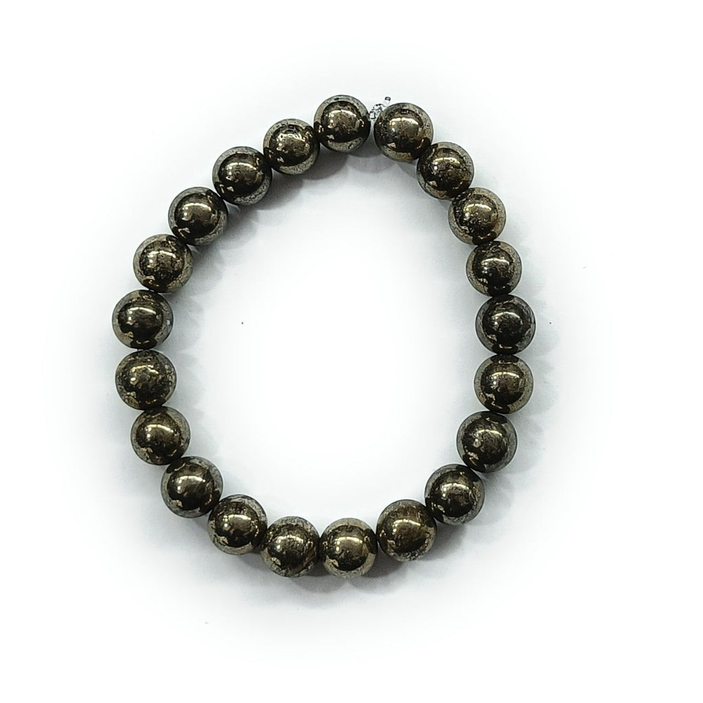 JewelOn 8mm Pyrite crystal bracelet with metallic gold lustre beads on a white background.