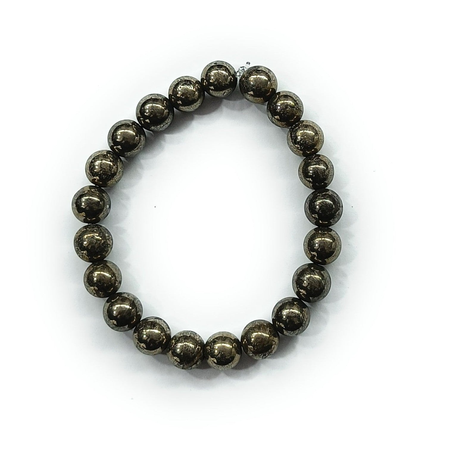 JewelOn 8mm Pyrite crystal bracelet with metallic gold lustre beads on a white background.