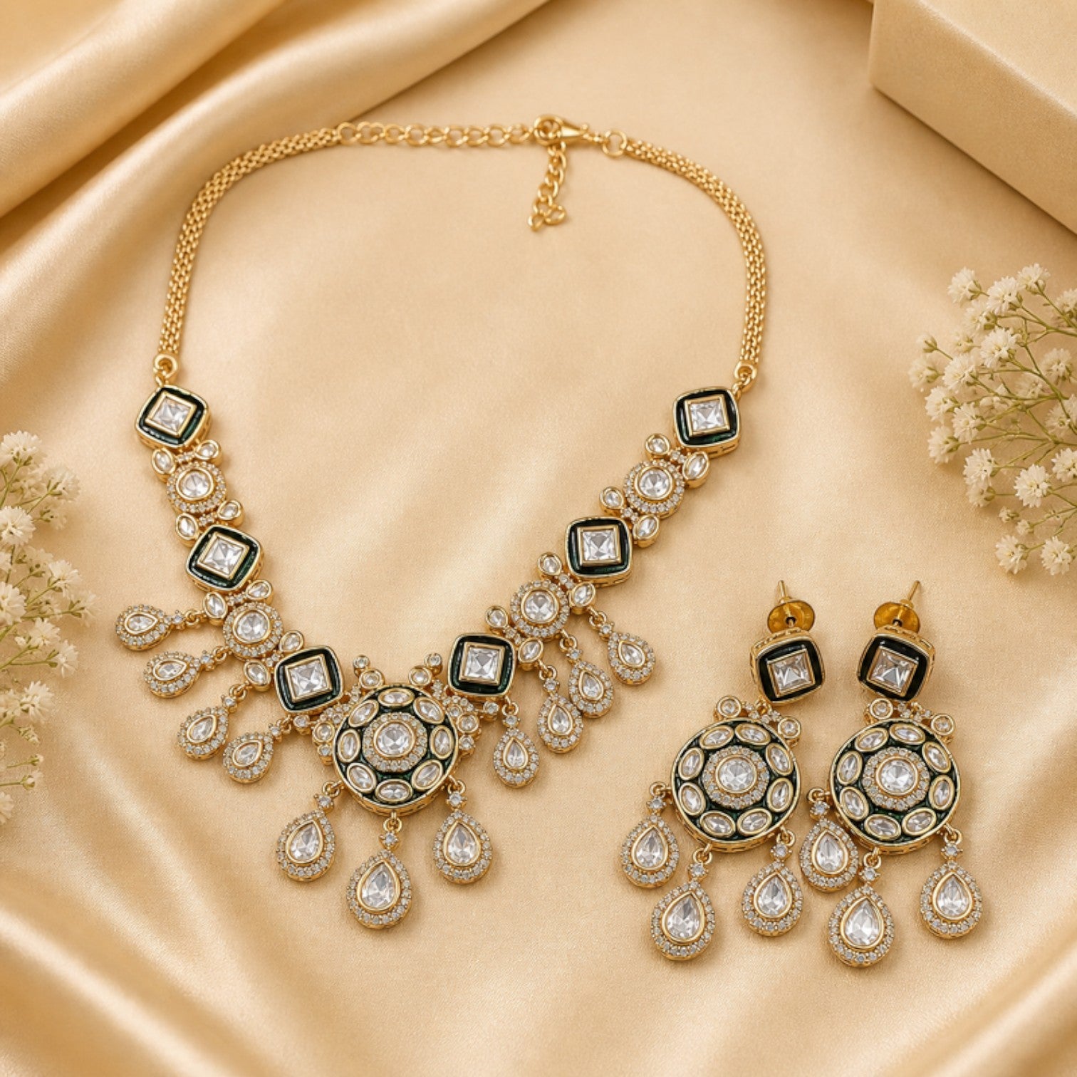 JewelOn Rangmahal necklace and earrings set with gold-toned base, Monzonite stones, and green Meena enamel work.