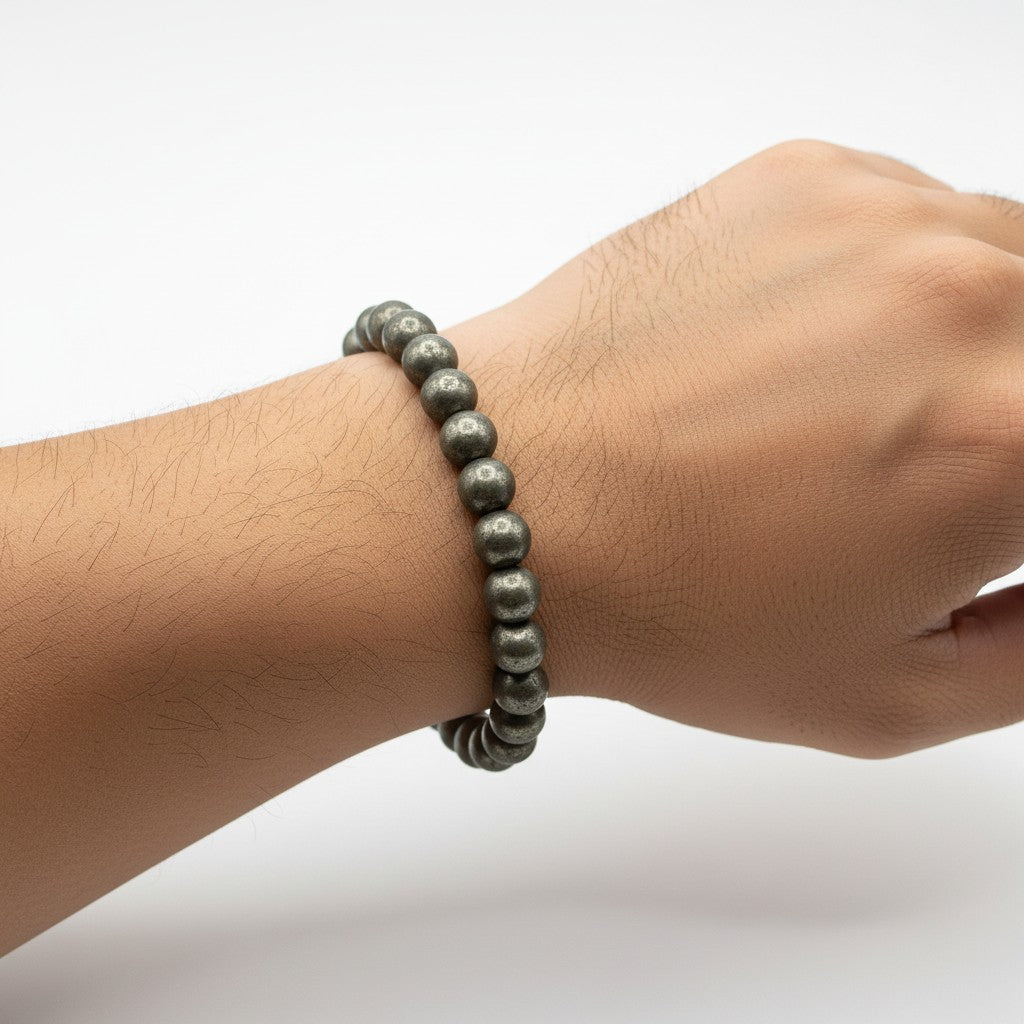 JewelOn Raw Pyrite 8mm crystal beaded bracelet with natural golden texture, for men and women.