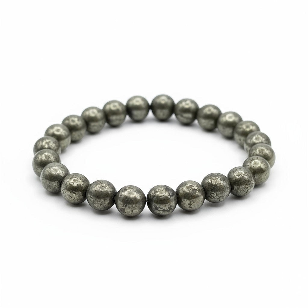 JewelOn Raw Pyrite 8mm crystal beaded bracelet with a natural golden texture, for men and women.