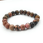 JewelOn 8mm genuine Rhodonite crystal beads bracelet with rose-pink hues and black inclusions, strung on elastic cord.