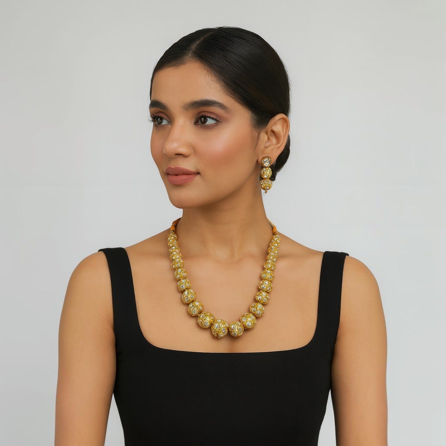 JewelOn vintage royal beads fusion mala necklace and earrings set with gold-tone beads and white stones.