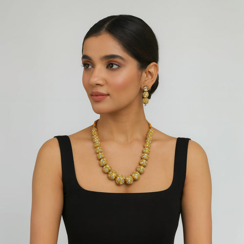 JewelOn vintage royal beads fusion mala necklace and earrings set with gold-tone beads and white stones.