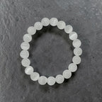 JewelOn white 8mm Selenite crystal beaded bracelet for men and women, elastic cord, luminous pearlescent glow.