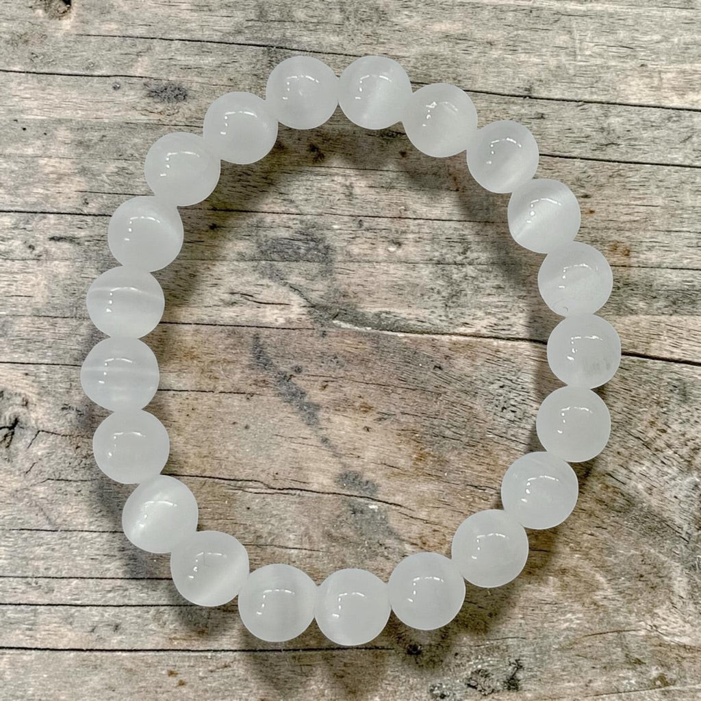 JewelOn white 8mm Selenite crystal beaded bracelet for men and women, strung on elastic cord.
