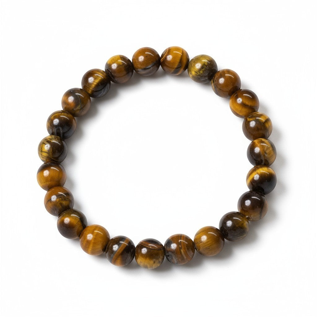 JewelOn bracelet with 8mm genuine tiger eye beads, featuring golden-brown chatoyancy and a shimmering cat's eye effect.