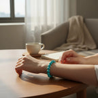 JewelOn turquoise 8mm crystal beaded bracelet on a wrist, styled with a cup of steaming coffee and a notebook.