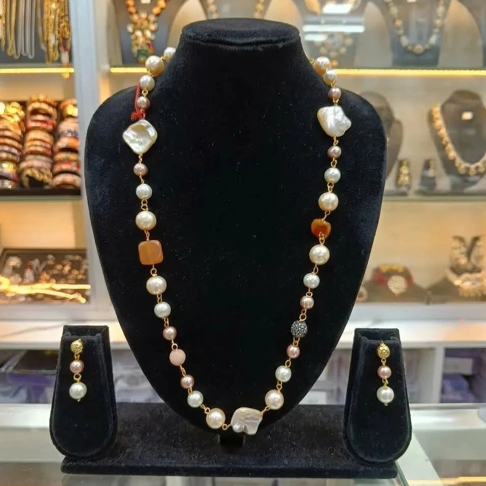 Baani Orange Statement Stone Necklace Earring Set